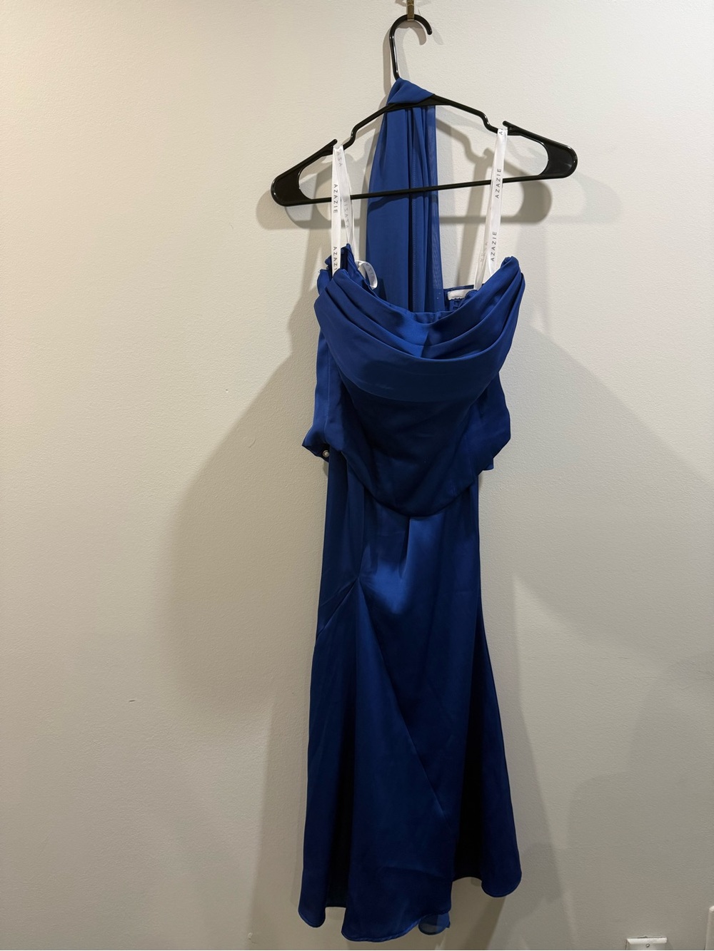 Azazie Cowl Halter Prom Dress in Royal Blue